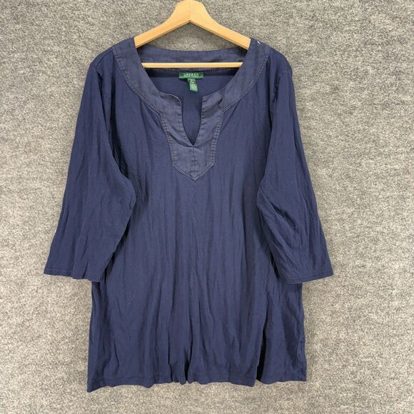 Ralph Lauren Top Women 3X Plus Blue Mini Short V-Neck Long Sleeve Cotton - Picture 1 of 7